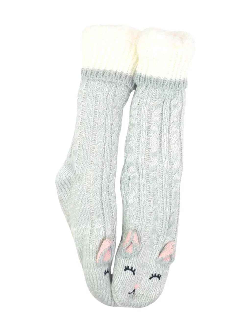 Jane And Bleecker Women's Gray Kitty Cable Knit Plushfill Lined Slipper Socks
